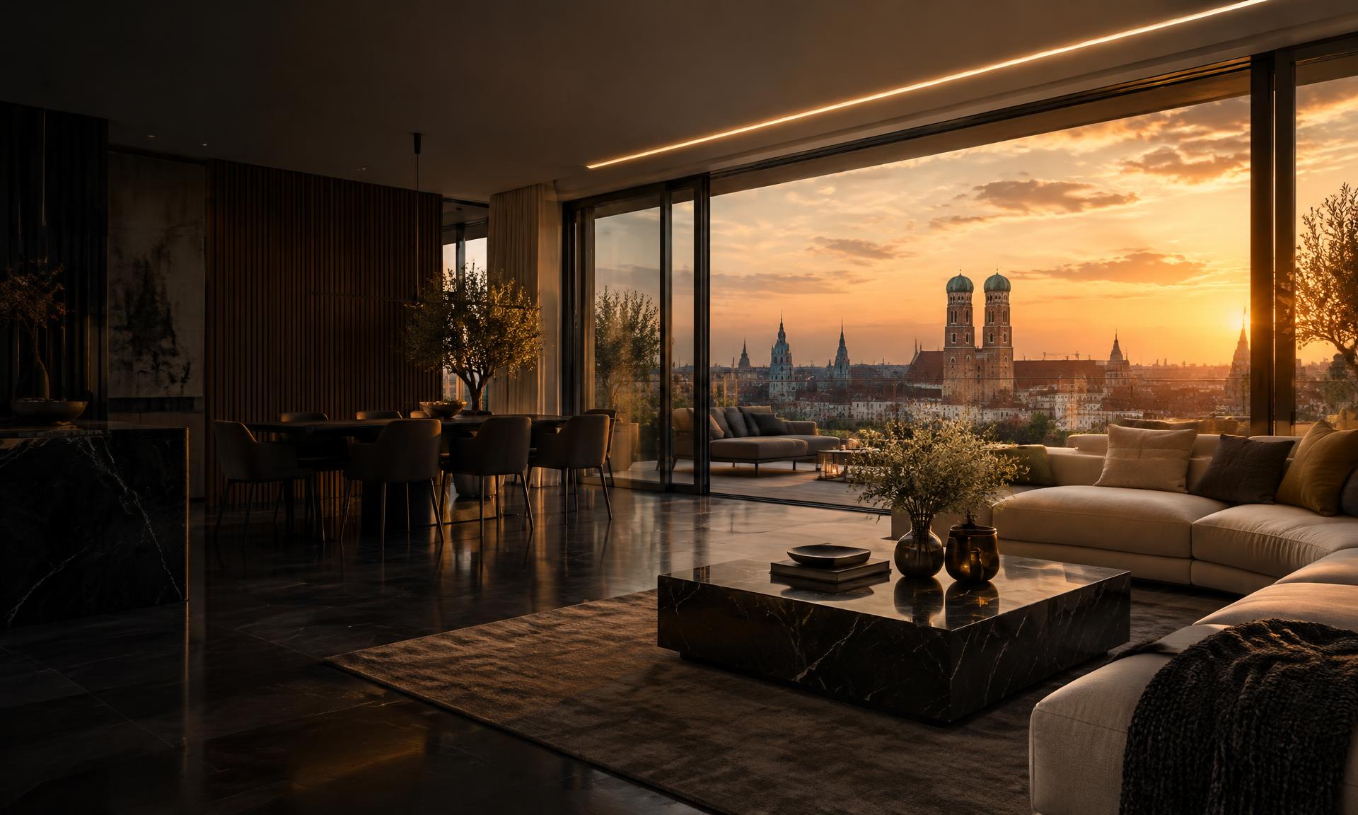 Generierte Visualisierung: Wohnraum mit großen Glasfronten und Blick auf die Münchner Frauenkirche zur goldenen Stunde