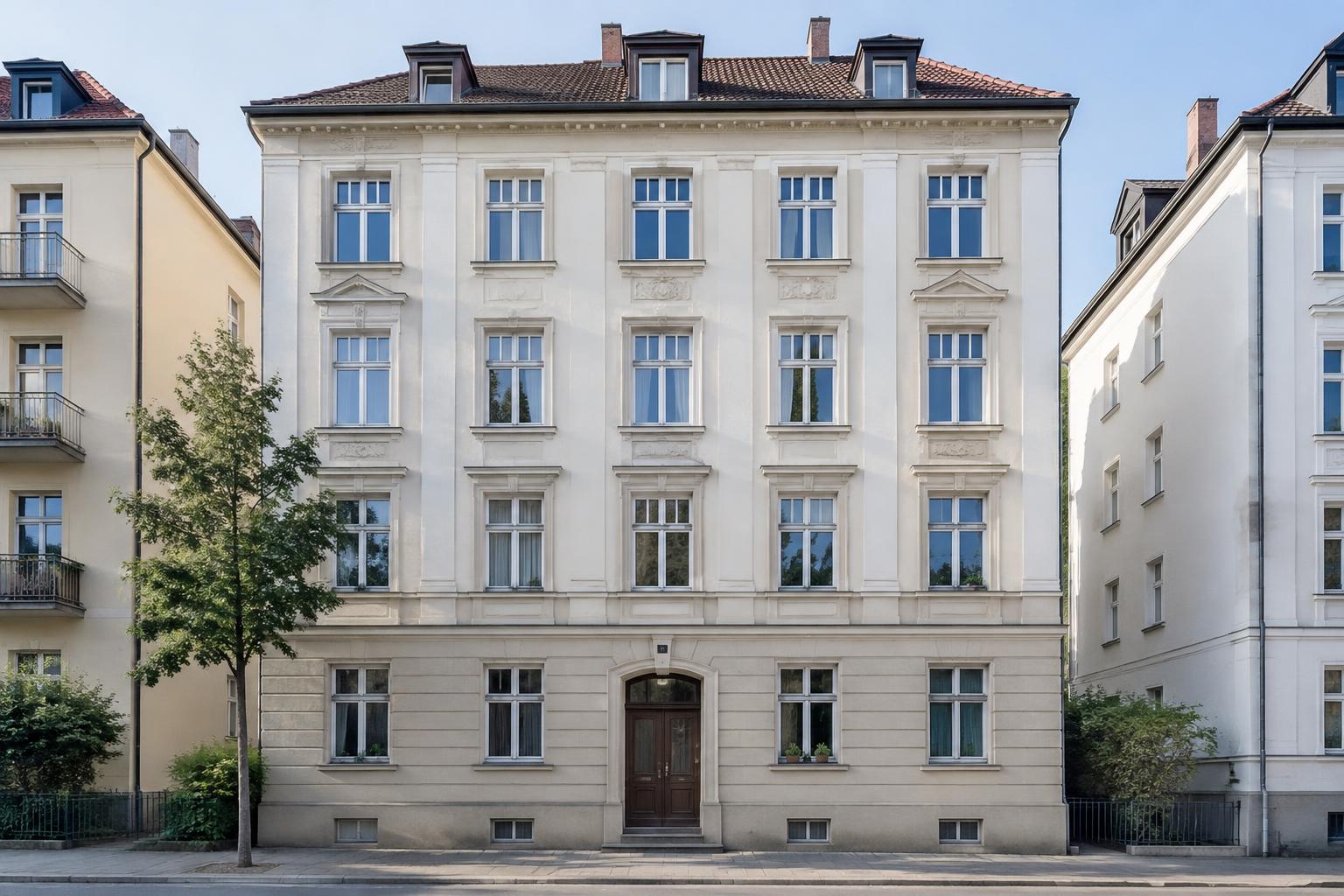 Illustrative Visualisierung: gepflegtes Münchner Bestands-Mehrfamilienhaus mit heller Putzfassade
