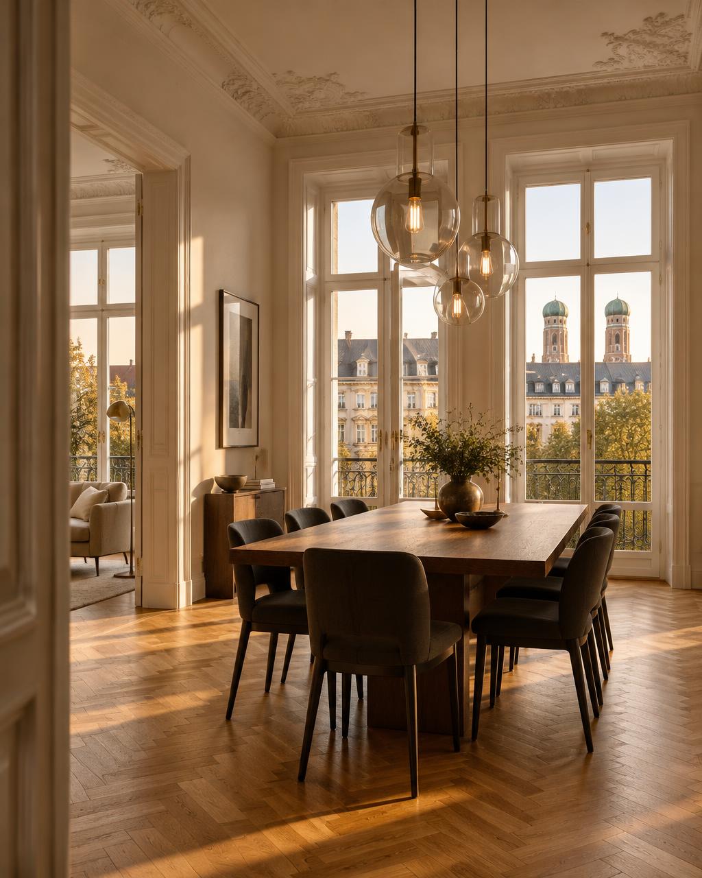 Generierte Visualisierung: frisch renovierter Altbau-Innenraum mit Fischgrätparkett und hohen Fenstern