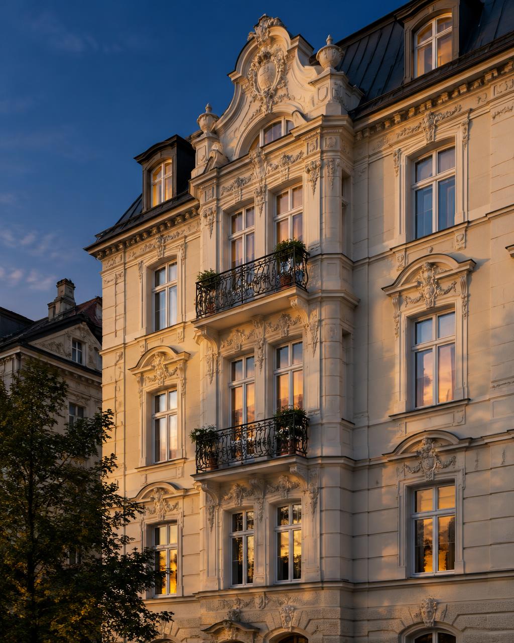 Generierte Visualisierung: sanierte Münchner Altbaufassade mit Stuck im Abendlicht